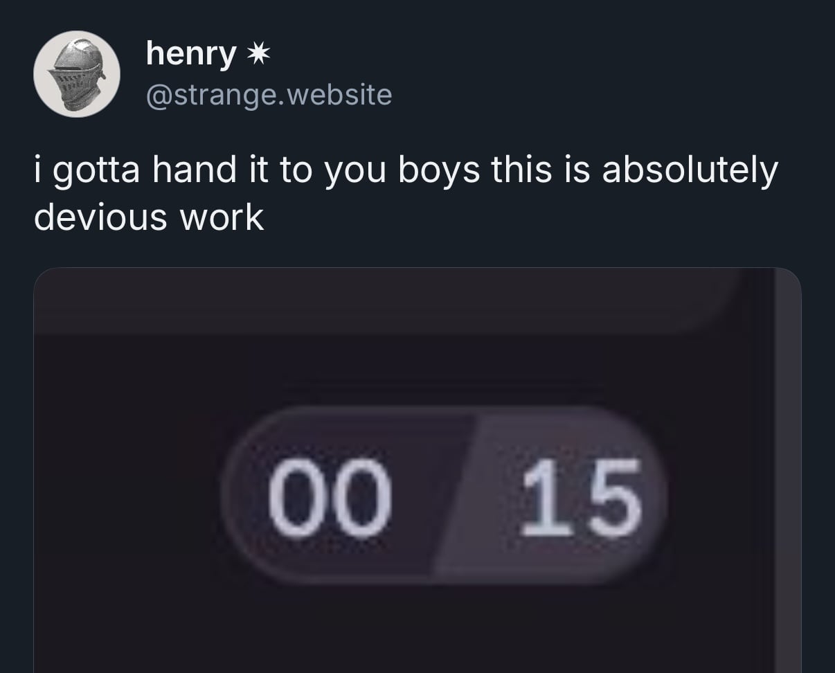 a post on bluesky from henry (@strange.website) that reads "i gotta hand it to you boys this is absolutey devious work. it includes a screenshot of the Discord UI where it shows how many voice slots are filled, and as henry will later mention in his alt text, the "15" indicator is egregiously unbalanced in its container"